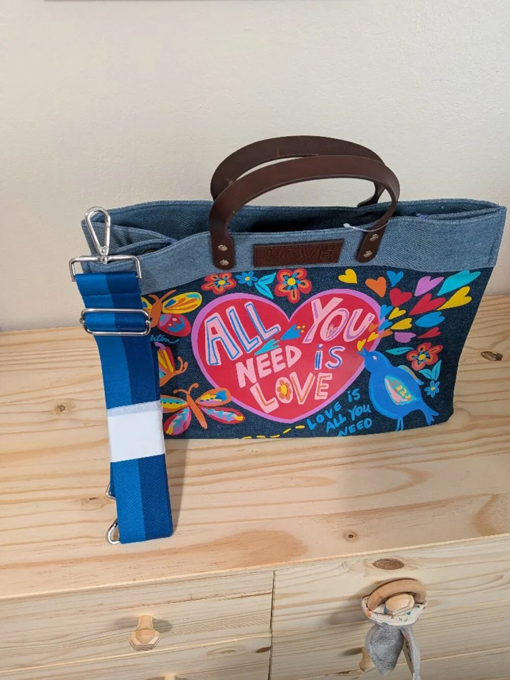 Brighton All You Need Is Love East West Denim Tote Bag NWT Crossbody